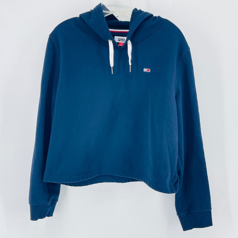 Tommy Jeans Cropped Logo Hoodie Size Medium Dark Blue Long Sleeve Excellent